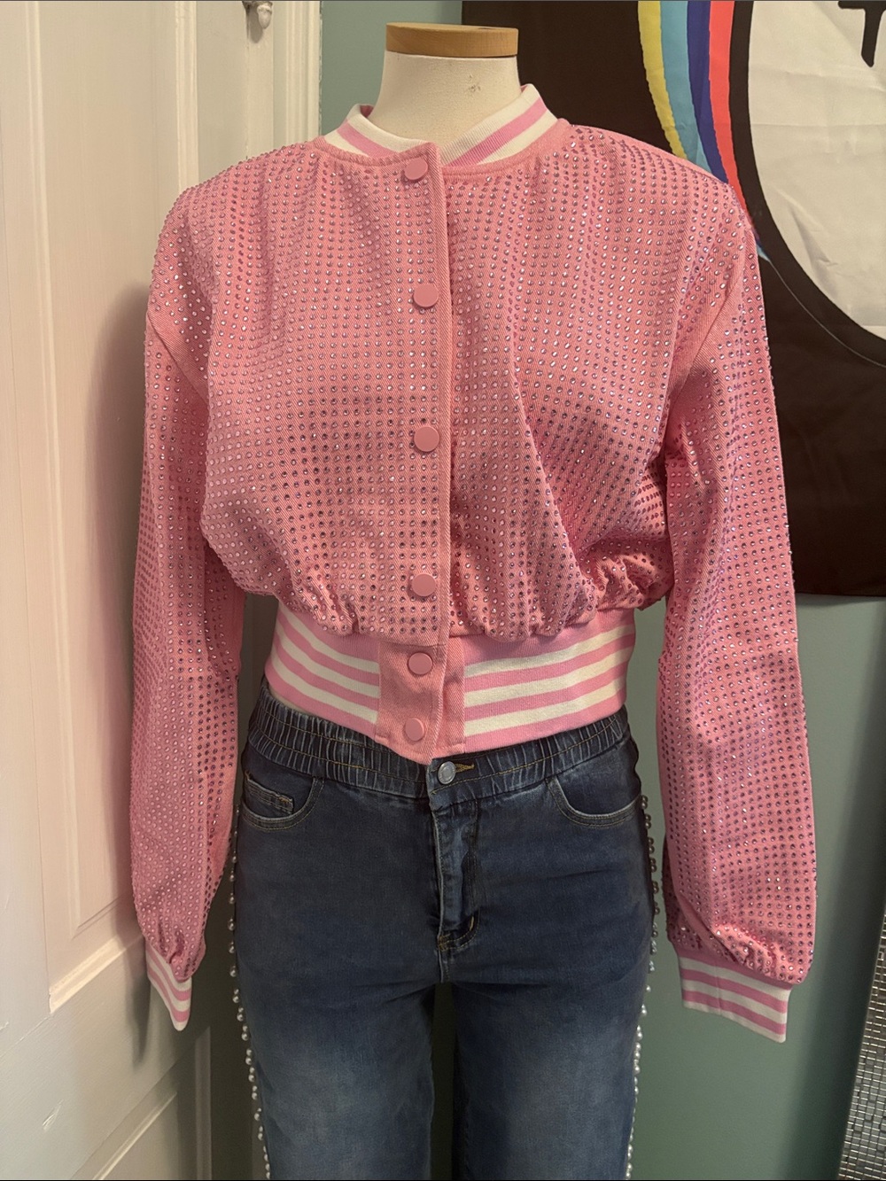 Pink Rhinestone Bomber Jacket - Women's Jean Jacket Style